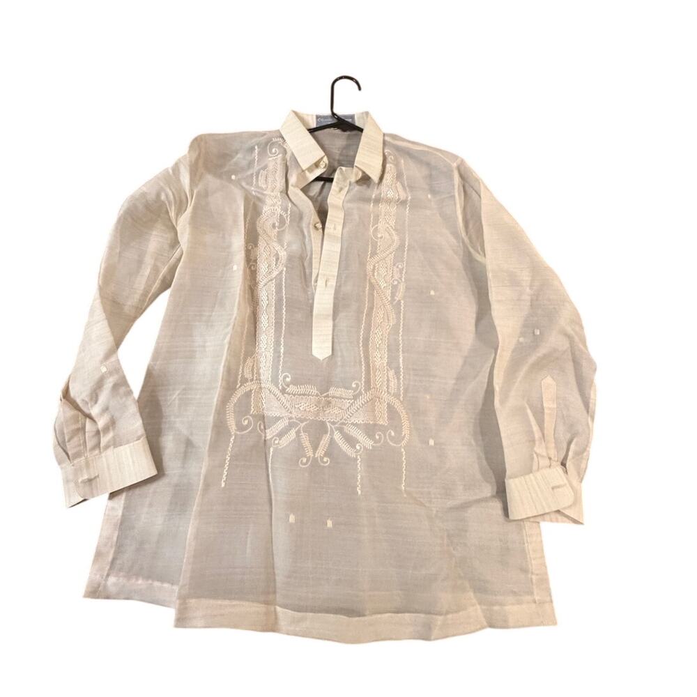 Vintage Barong Tagalog Shirt Beige Embroidered Formal Philippines Mens Small